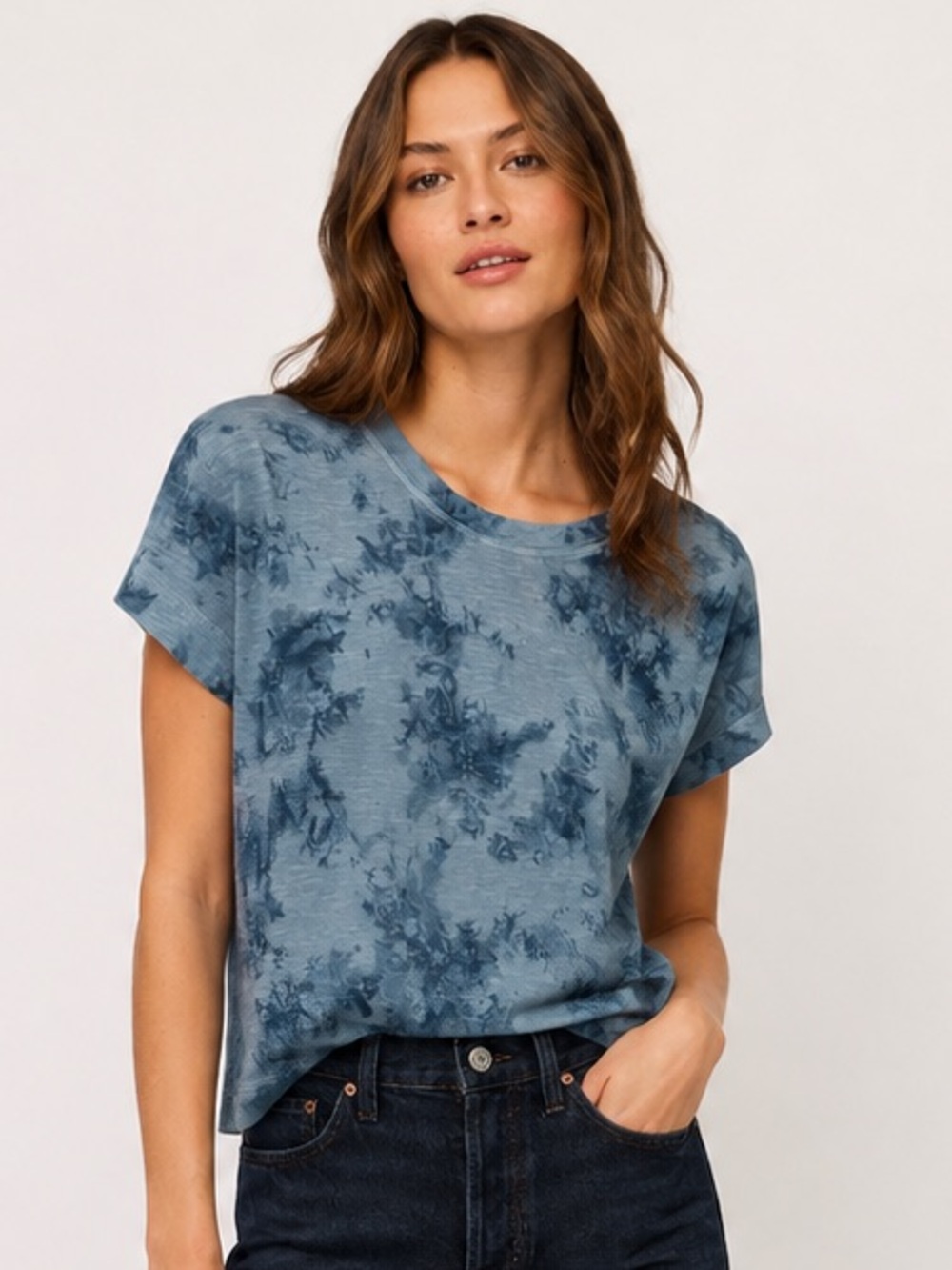 Anthropologie Pilcro Blue Abstract Tie Dye Cropped Boxy Tee Shirt S